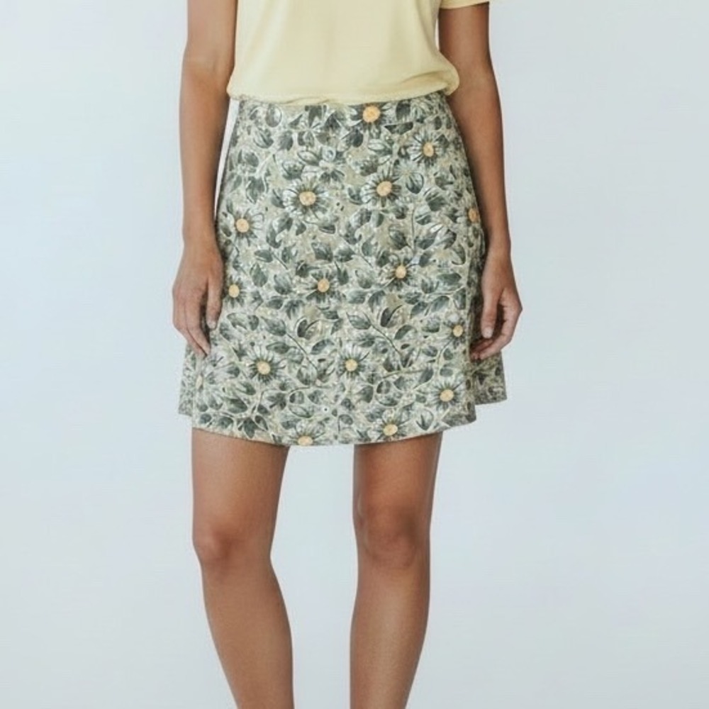 Gap Floral Mini Skirt Womens 6 Olive Green Linen Vintage 90s Daisy A-Line Pocket